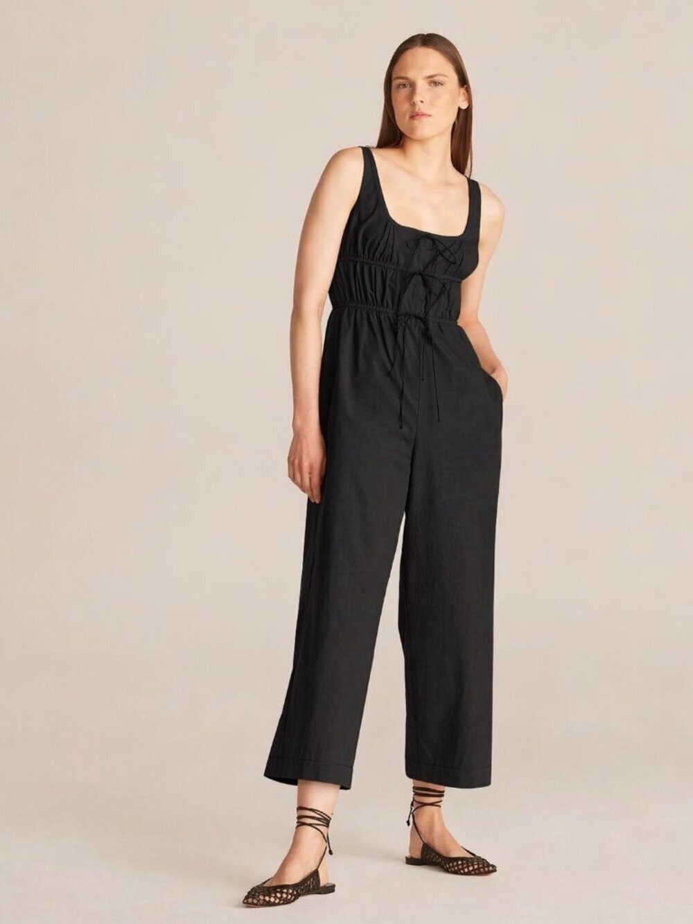 REBECCA TAYLOR Black Cotton Poplin Square Neck Wide Leg Cropped Jumpsuit, Size 2
